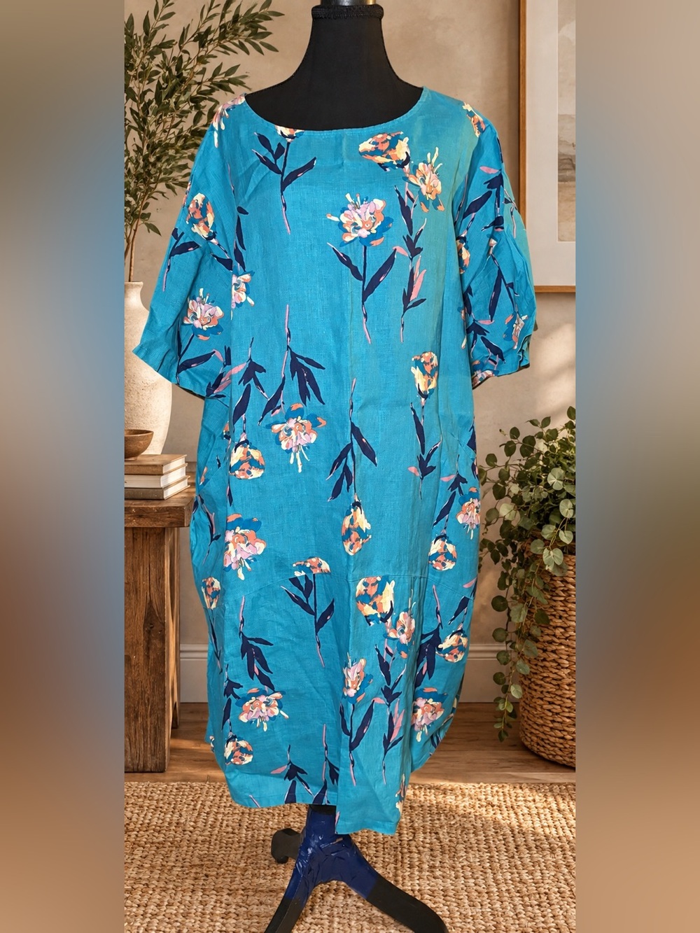 Coldwater Creek 1X 100% Linen Floral Lagenlook Coastal Midi Dress Pockets